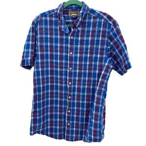 Duluth Trading Co Red/White/Blue Plaid Button Down Short Sleeve Men Size M Tall